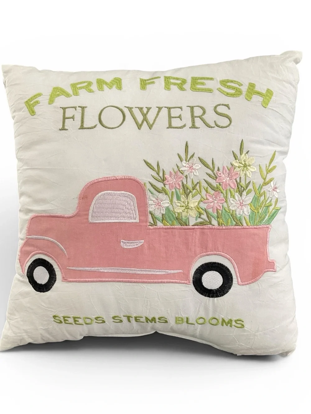 PILLOW Decorative Farm Fresh Flowers Pink Truck Embroidered Throw Pillow NWT
